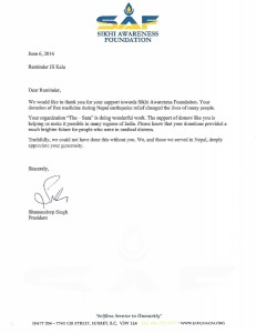 Quake Relief Nepal Mission 2015 Acknowledgement